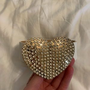 White faux leather belt with crystal heart buckle